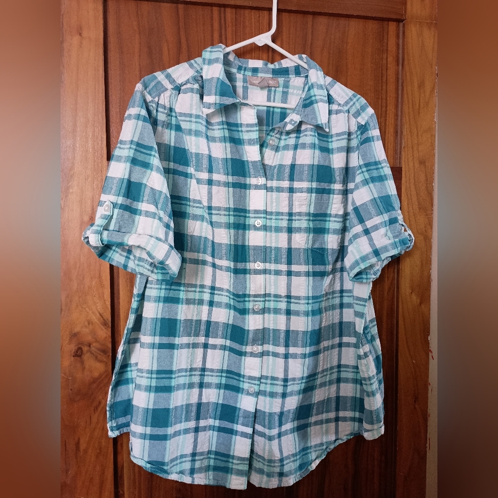 Woman Within Teal and White Plaid Button-Up Shirt
